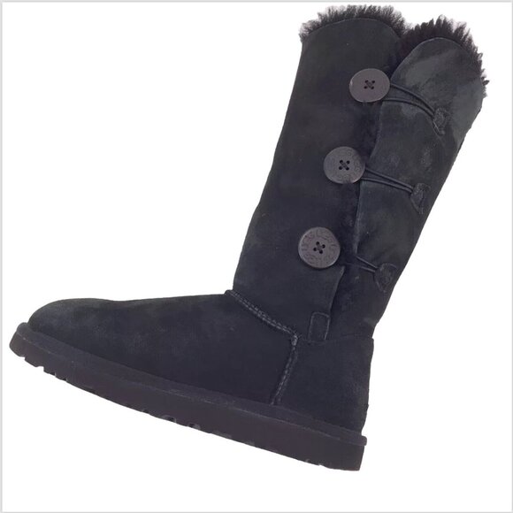 Ugg Bailey Button Tall Triplet Suede Fur Shearling Lined Boots Black Size 7 - Picture 6 of 14